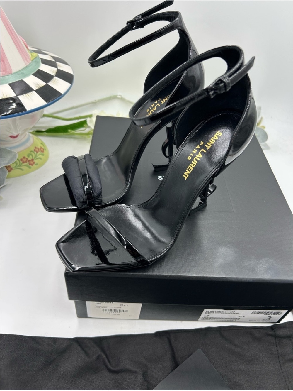Saint Laurent YSL  Black Patent  Opyum Logo-Heel Ankle-Strap Sandals. Size 37.5 - Picture 9 of 10